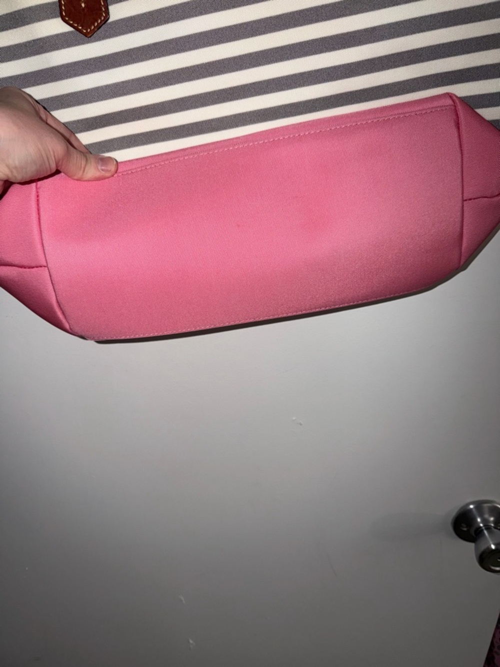 Dooney & Bourke Pink and Gray Striped Canvas Tote with Brown Leather Handles - Picture 3 of 5